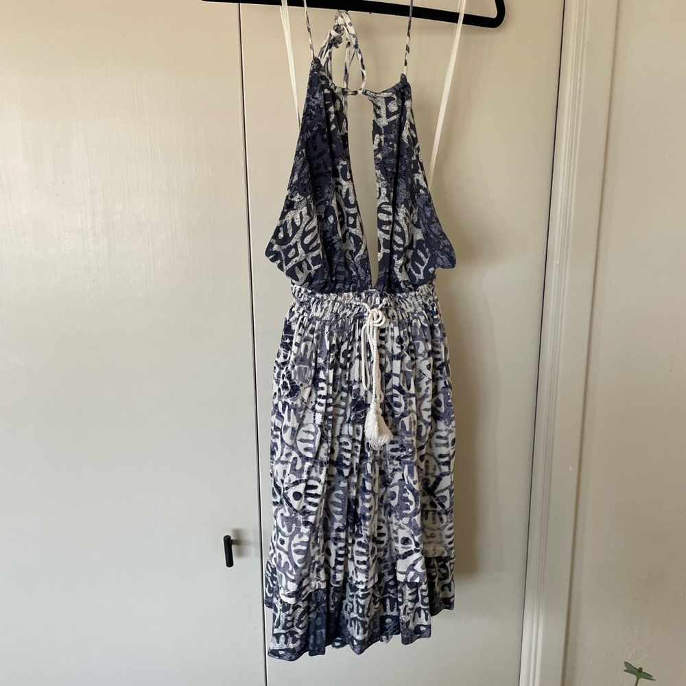 Free People NWT XS Blue White Halter Backless Ruffle Mini Summer Dress - Picture 4 of 7
